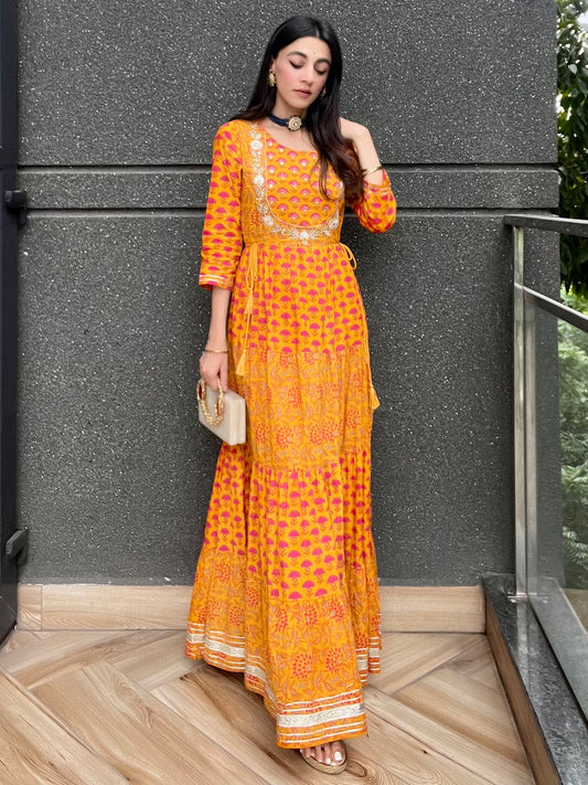 Mustard Cotton Floral Print Flared Kurta Janasya
