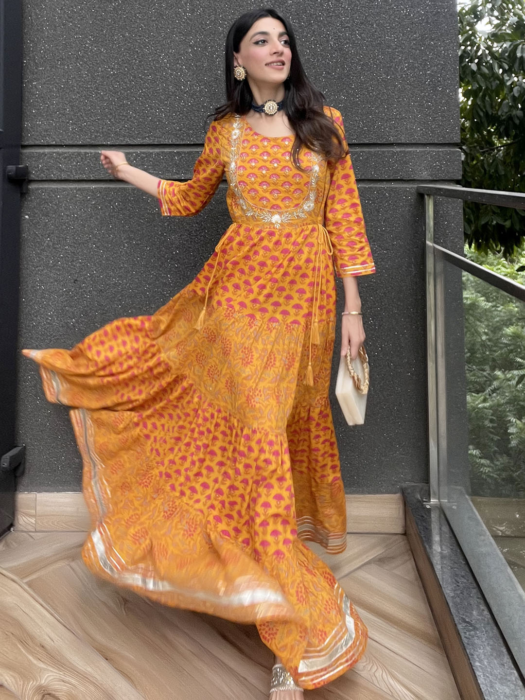 Mustard Cotton Floral Print Flared Kurta Janasya