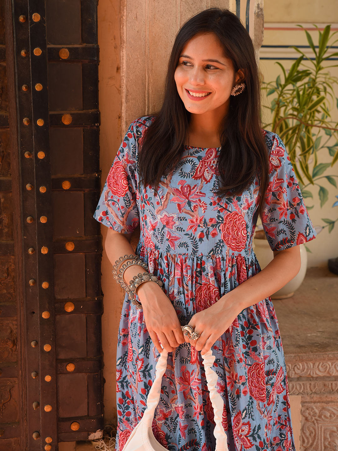 Blue Cotton Floral Print Flared Western Dress Janasya Gold