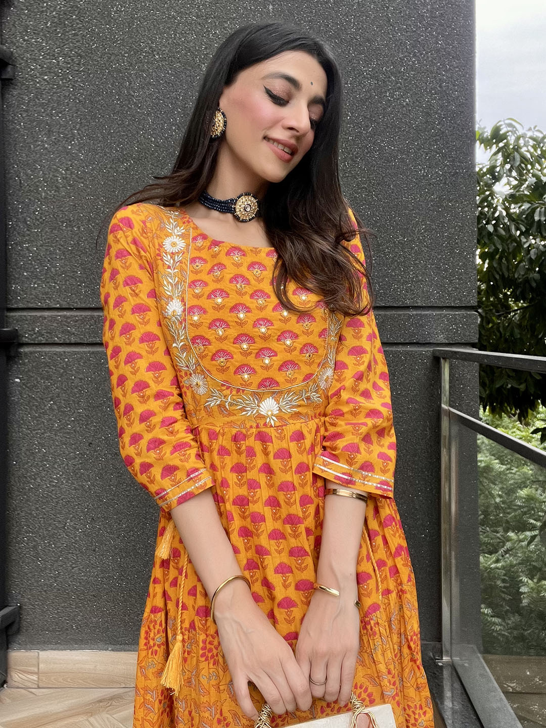 Mustard Cotton Floral Print Flared Kurta Janasya