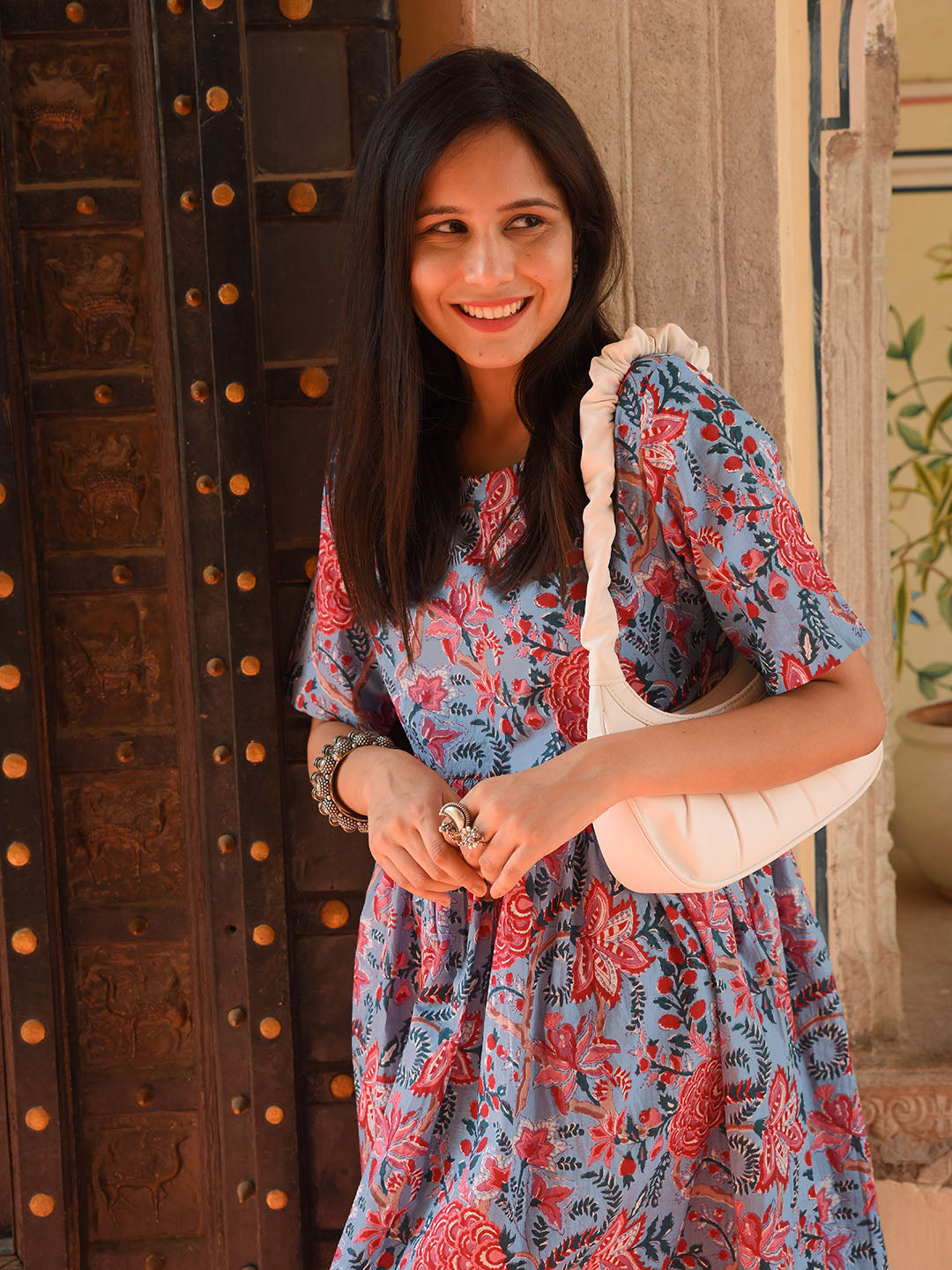 Blue Cotton Floral Print Flared Western Dress Janasya Gold