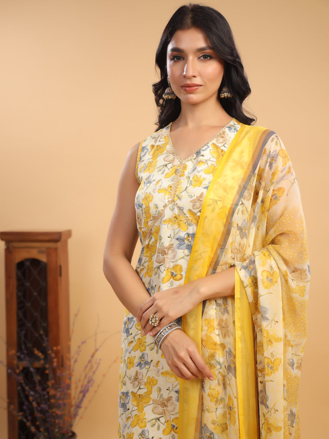 Off White Rayon Floral Printed Straight Kurta With Pant & Dupatta Set