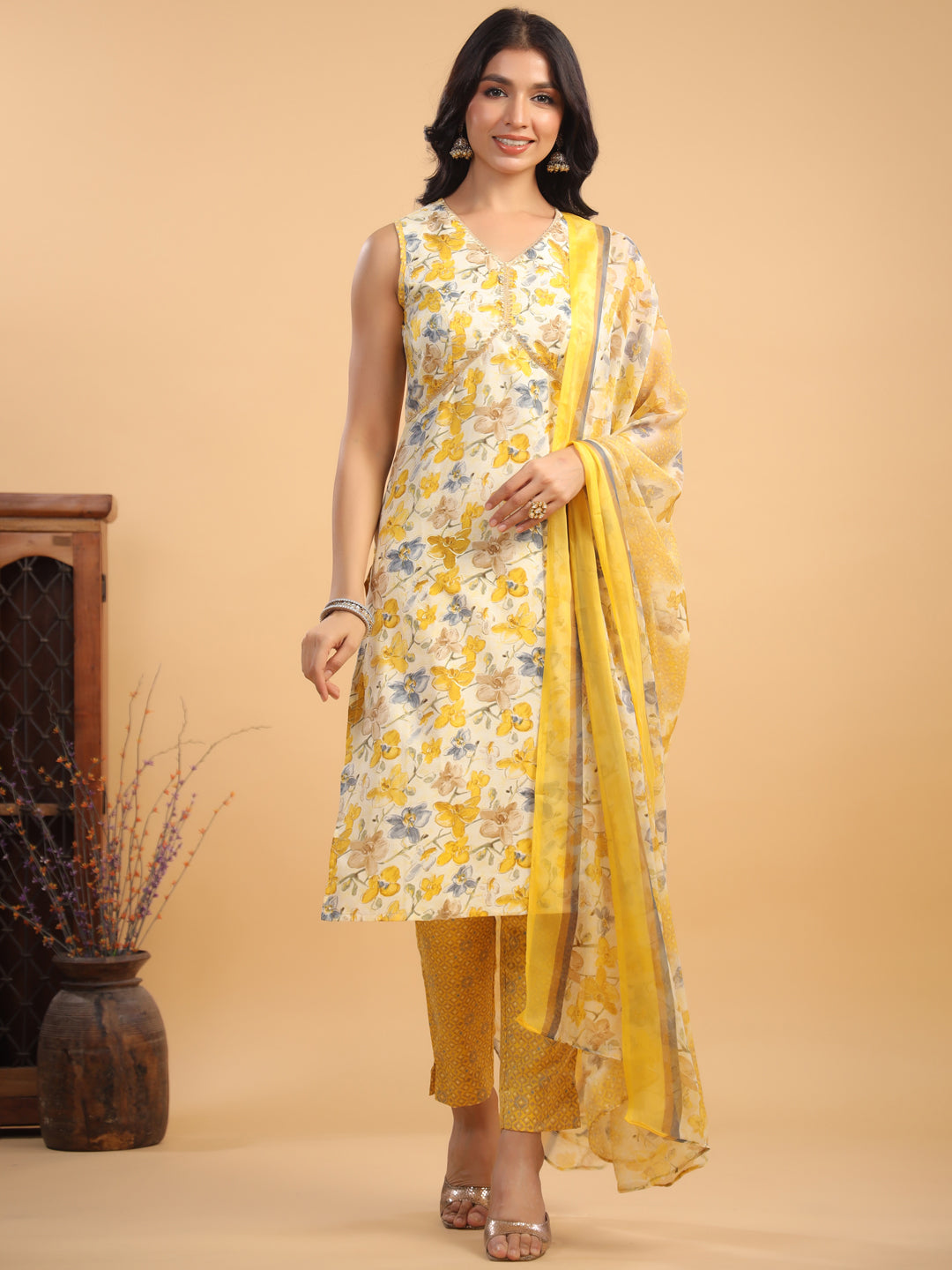 Off White Rayon Floral Printed Straight Kurta With Pant & Dupatta Set