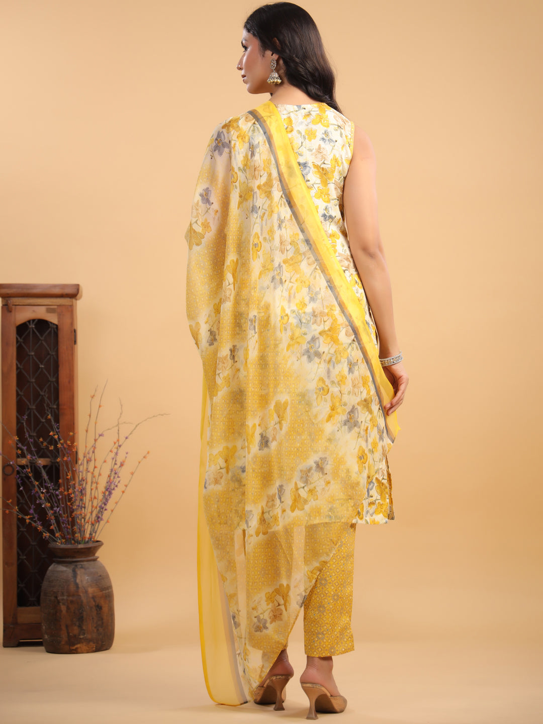 Off White Rayon Floral Printed Straight Kurta With Pant & Dupatta Set