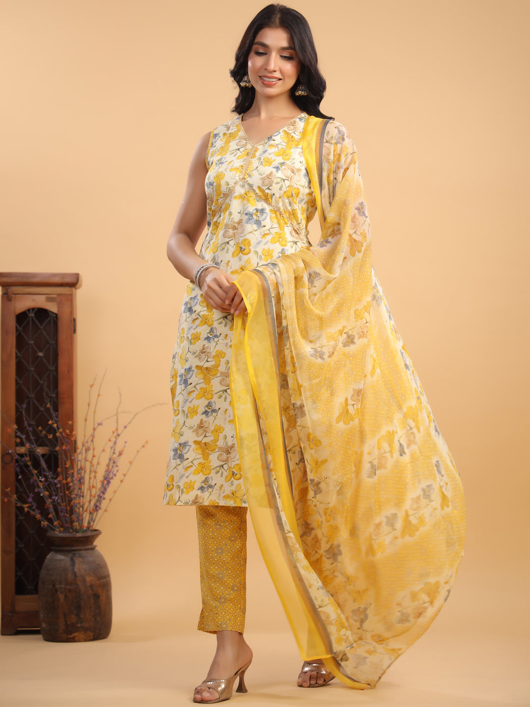 Off White Rayon Floral Printed Straight Kurta With Pant & Dupatta Set