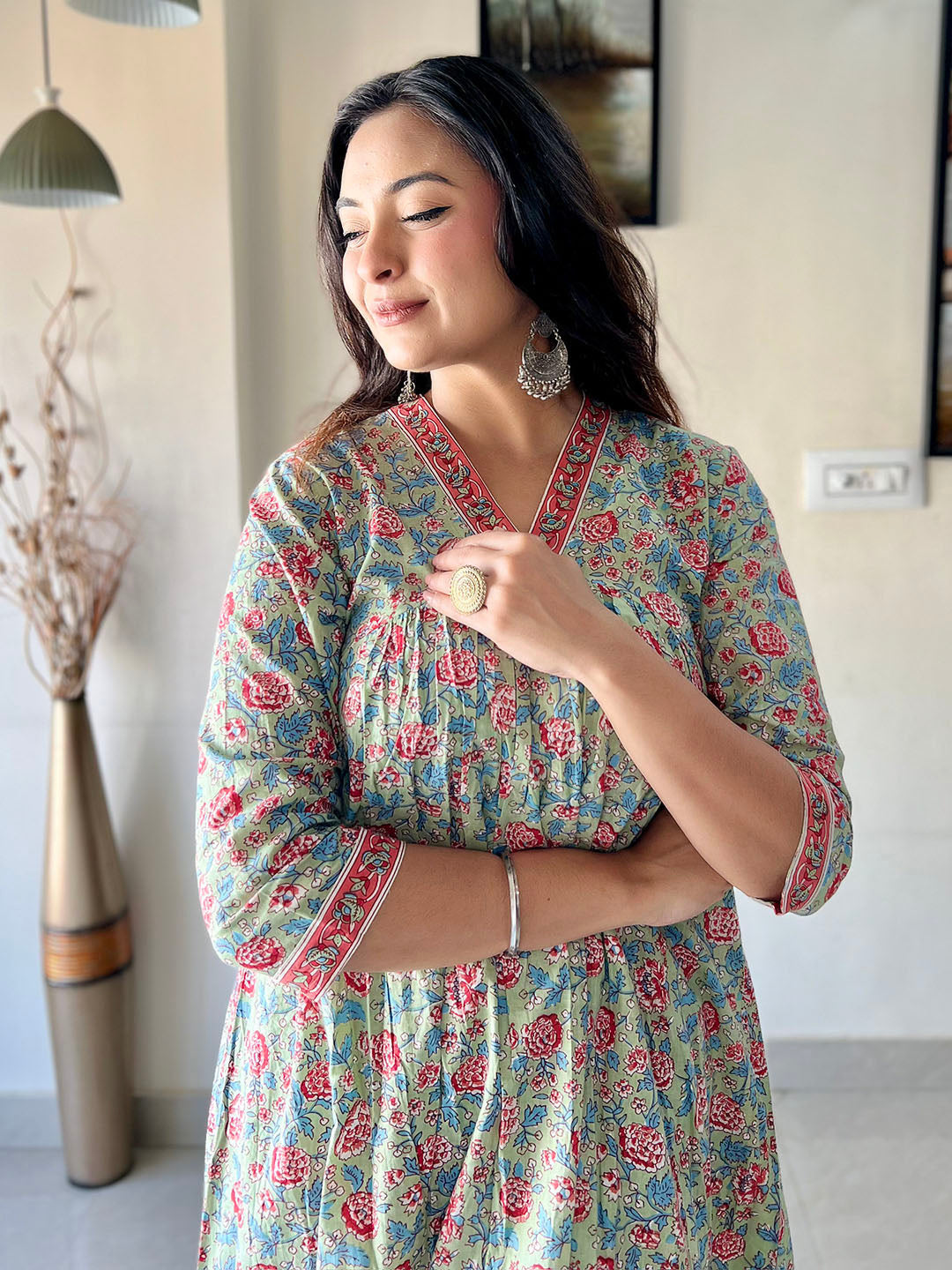 Sea Green Cotton Floral Print Kurta with Pant Janasya
