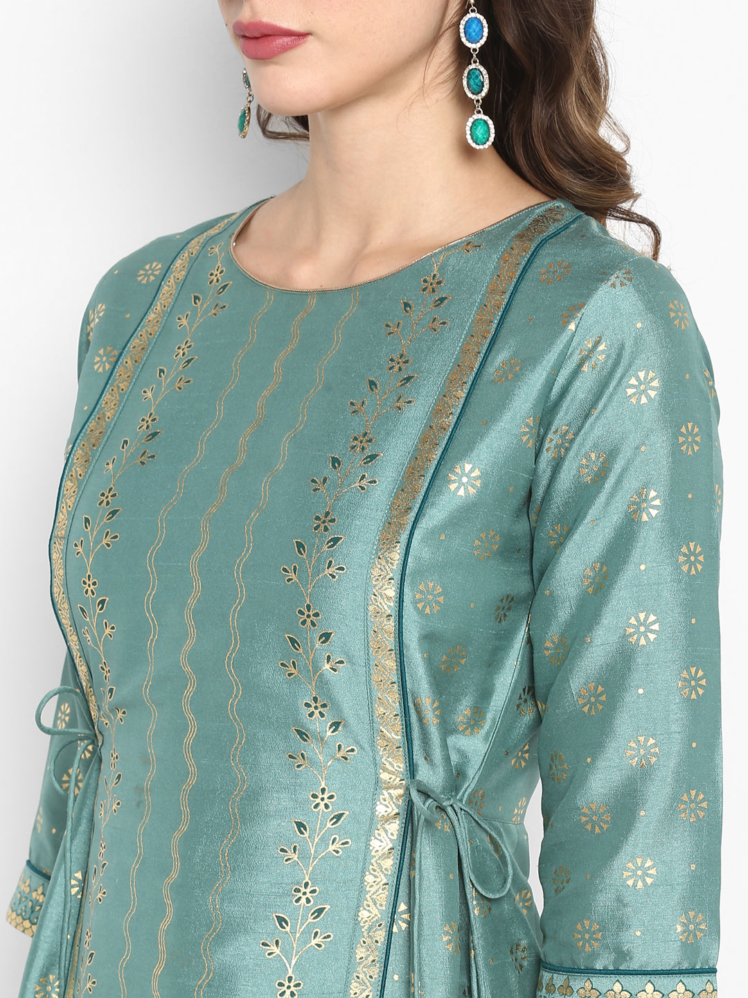 Janasya Women's Green Silk Blend Foil Print Flared Ethnic Dress