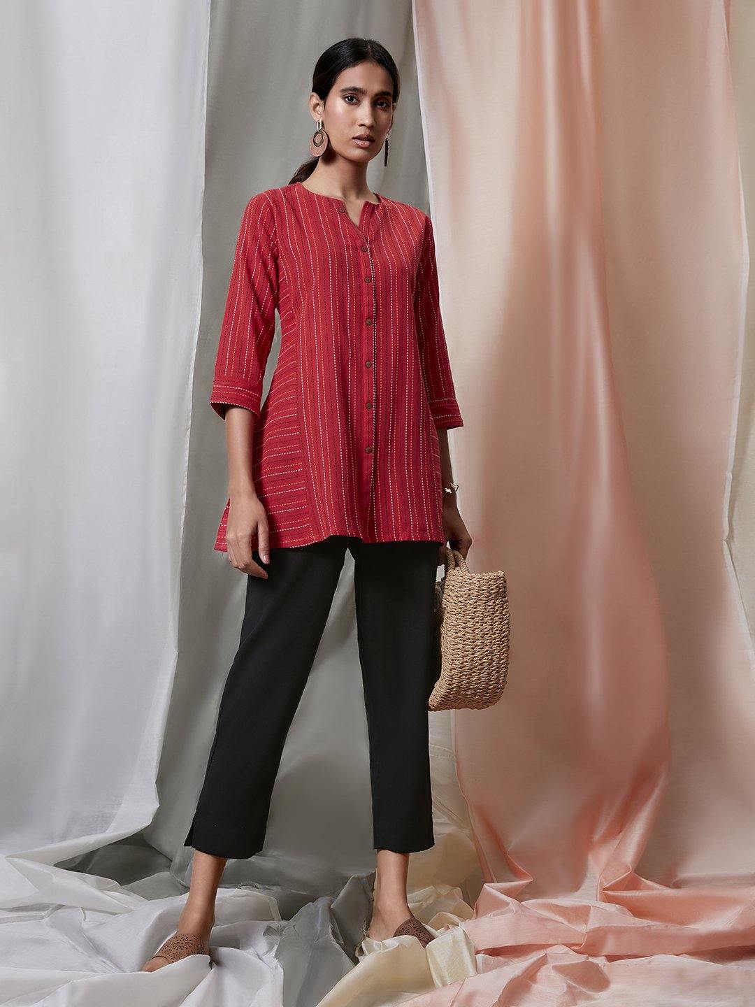 Red Cotton Woven Design A-Line Top Janasya Gold