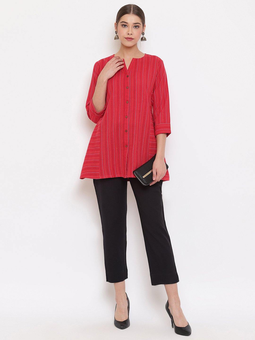 Red Cotton Woven Design A-Line Top Janasya Gold