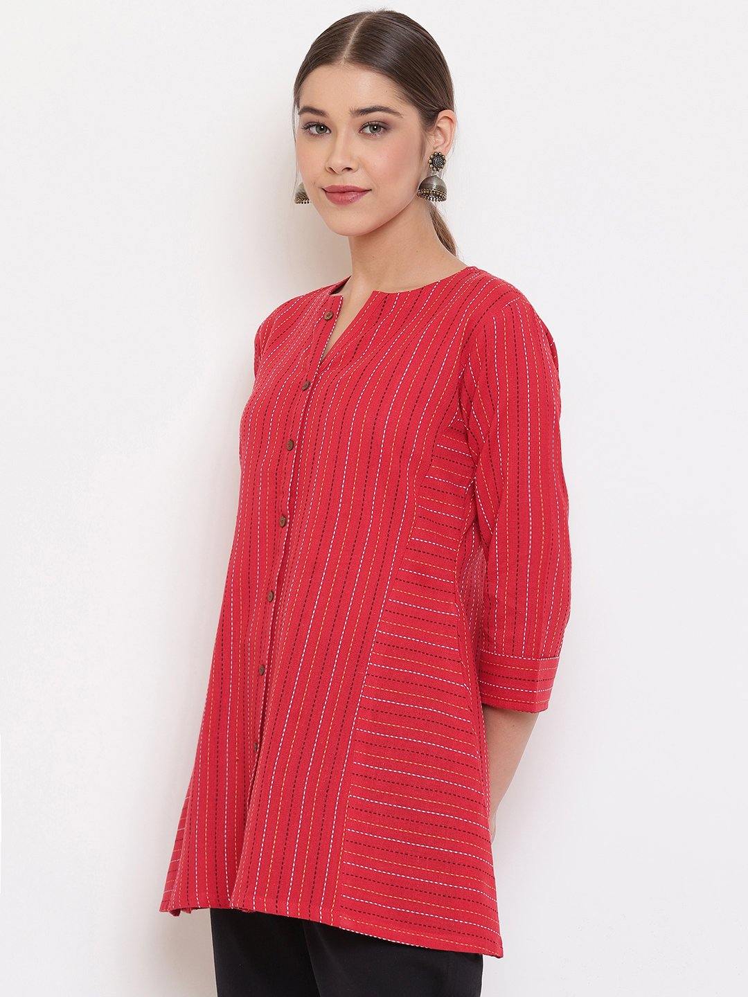 Red Cotton Woven Design A-Line Top Janasya Gold