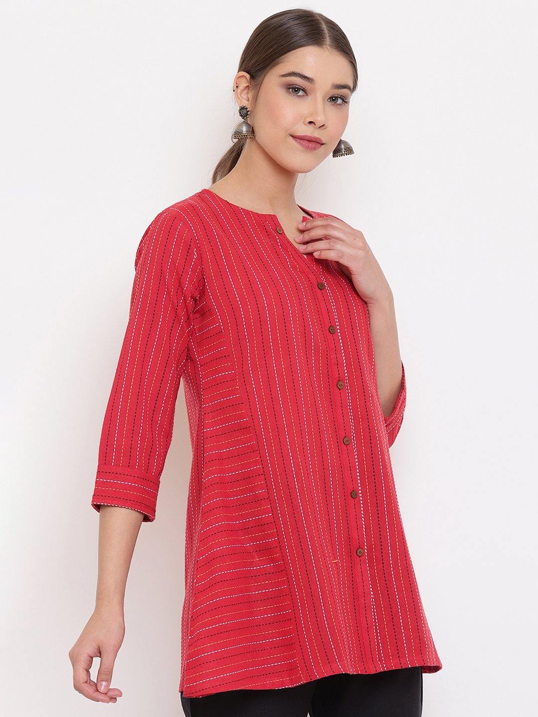 Red Cotton Woven Design A-Line Top Janasya Gold