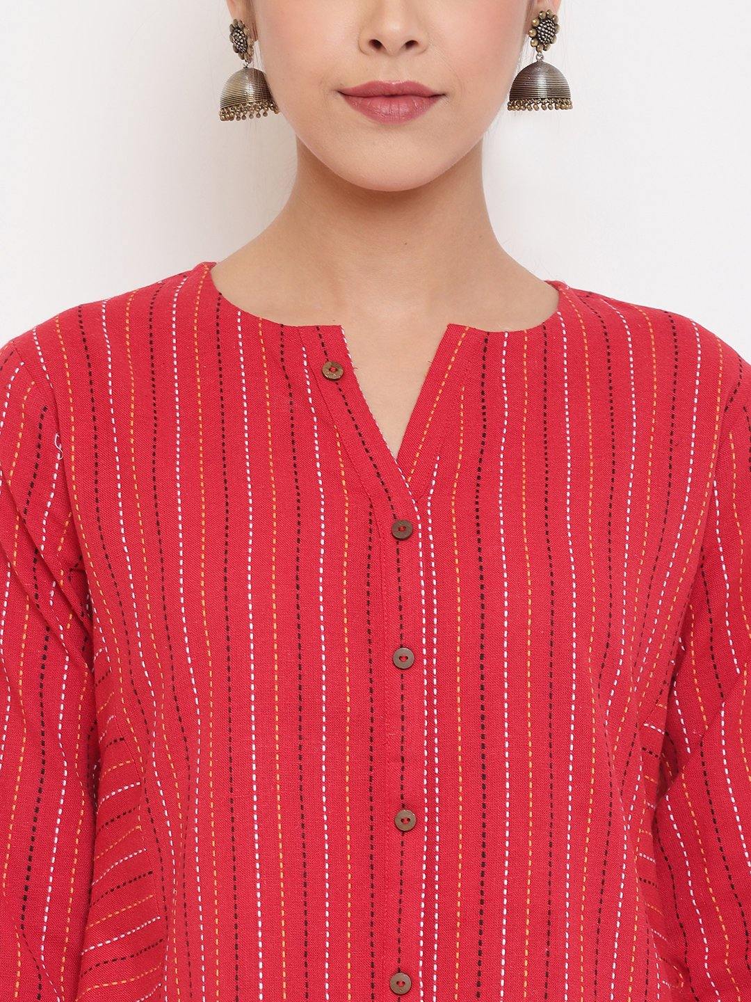 Red Cotton Woven Design A-Line Top Janasya Gold