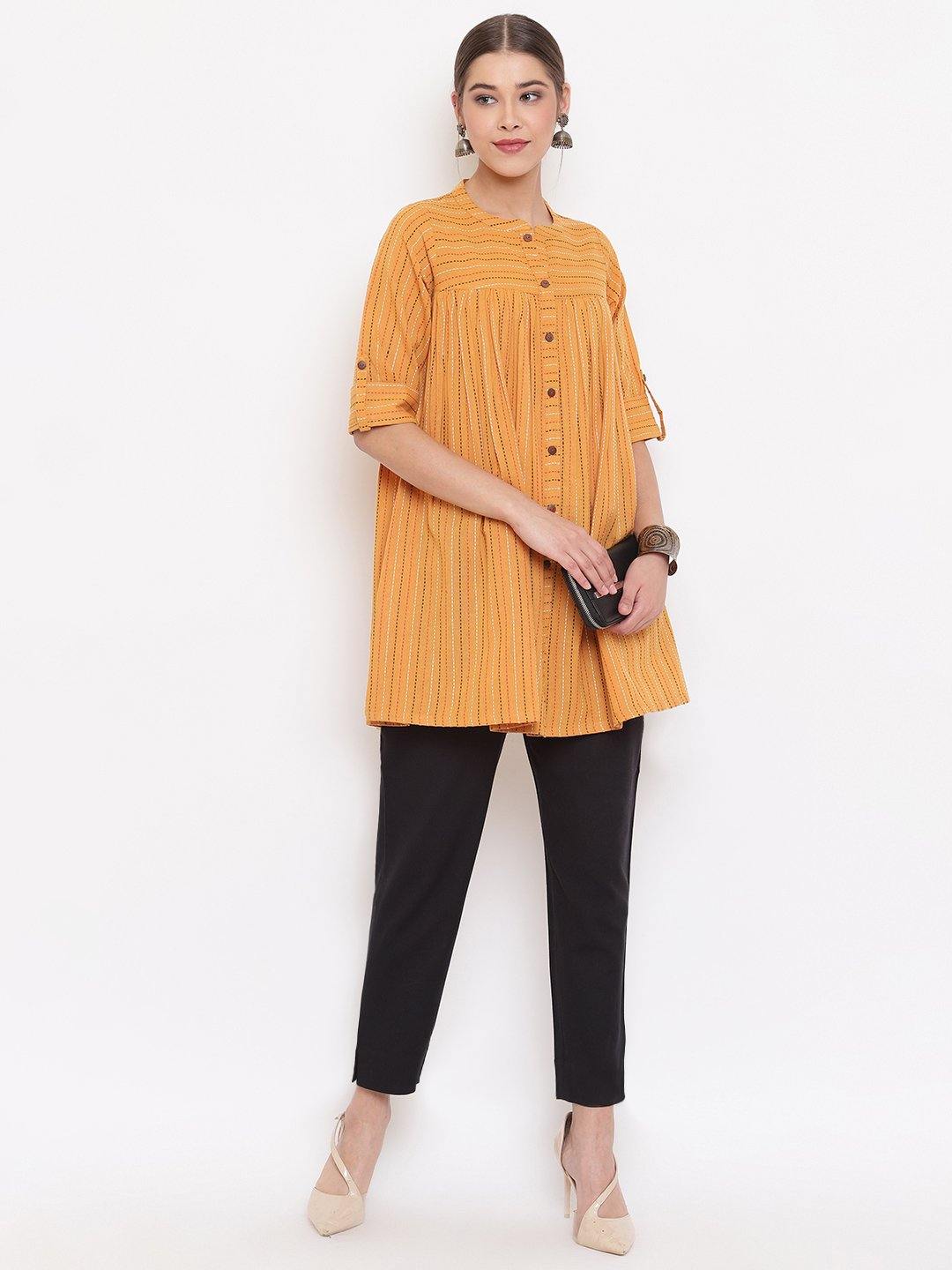 Mustard Cotton Woven Design Gathered Tunic Janasya Gold