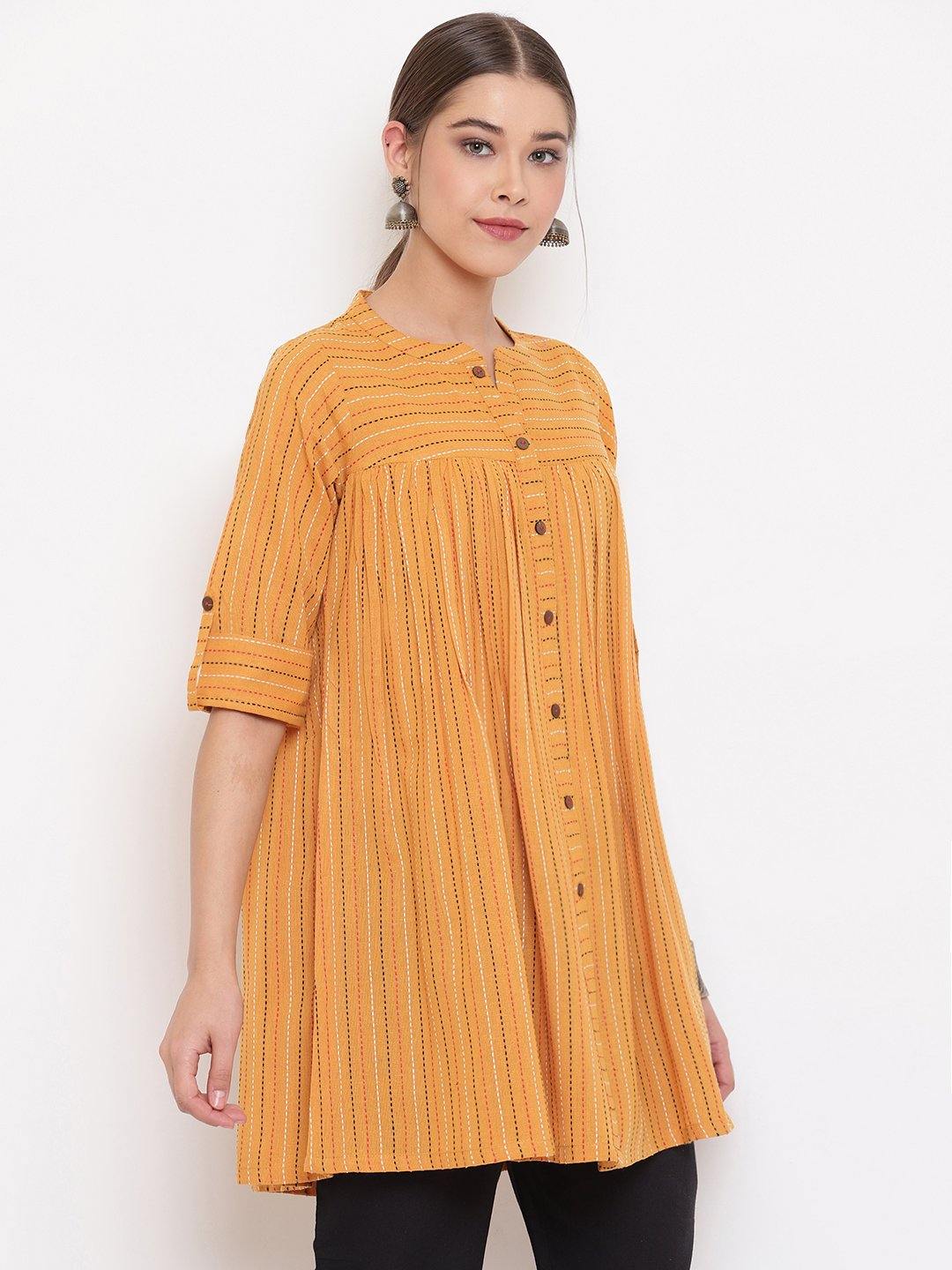Mustard Cotton Woven Design Gathered Tunic Janasya Gold