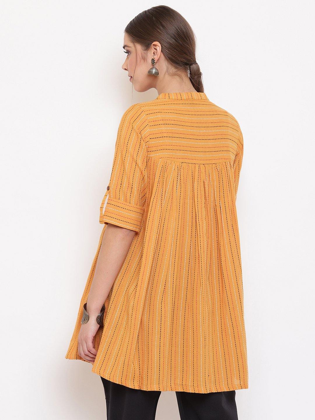 Mustard Cotton Woven Design Gathered Tunic Janasya Gold