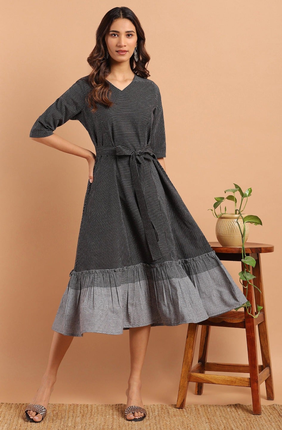 Black Cotton Striped Flared Western Dress Janasya Gold