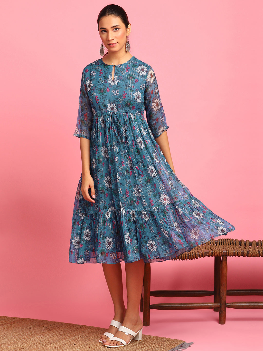 Blue Poly Georgette Floral Flared Western Dress Janasya Gold