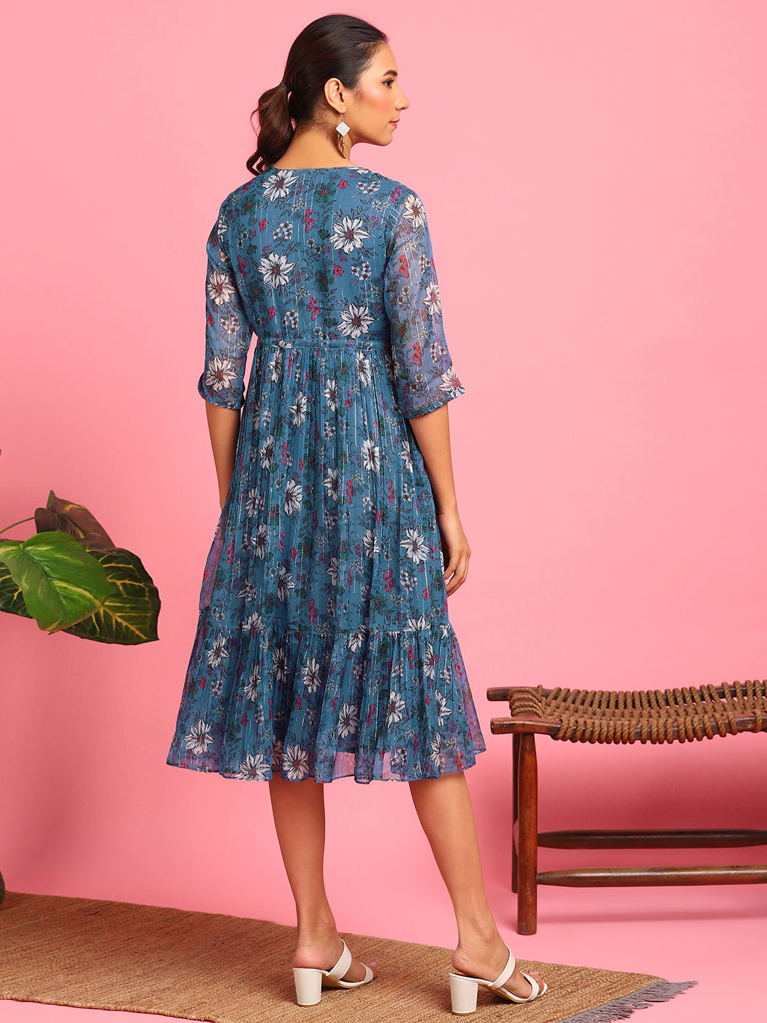 Blue Poly Georgette Floral Flared Western Dress Janasya Gold