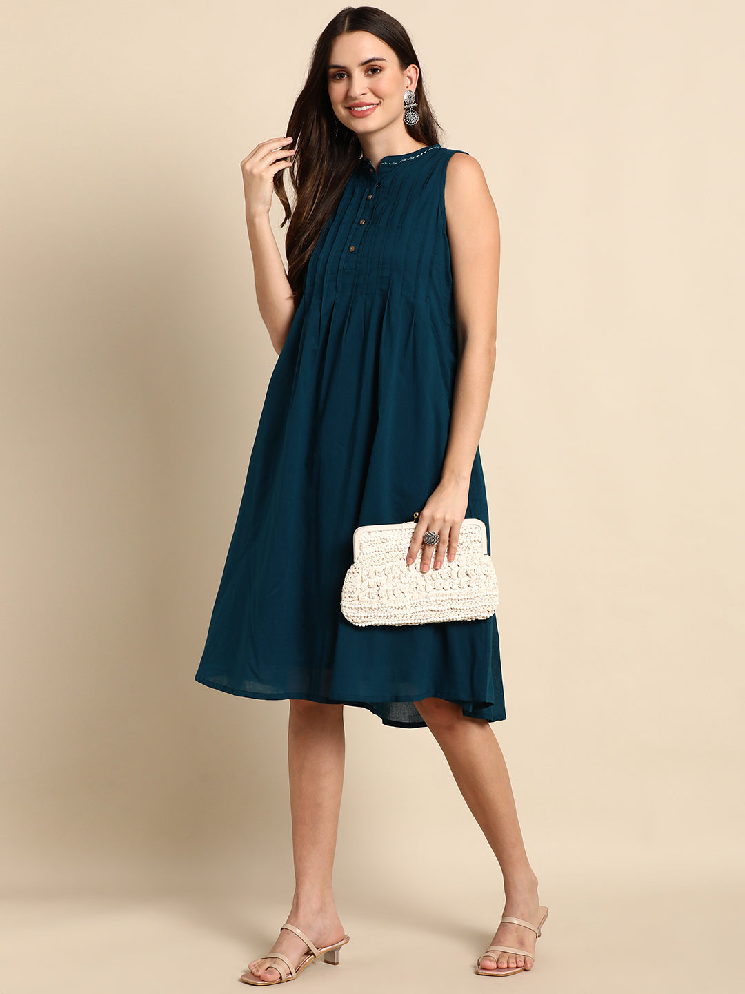 Teal Cotton Solid A-line Western Dress Janasya Gold