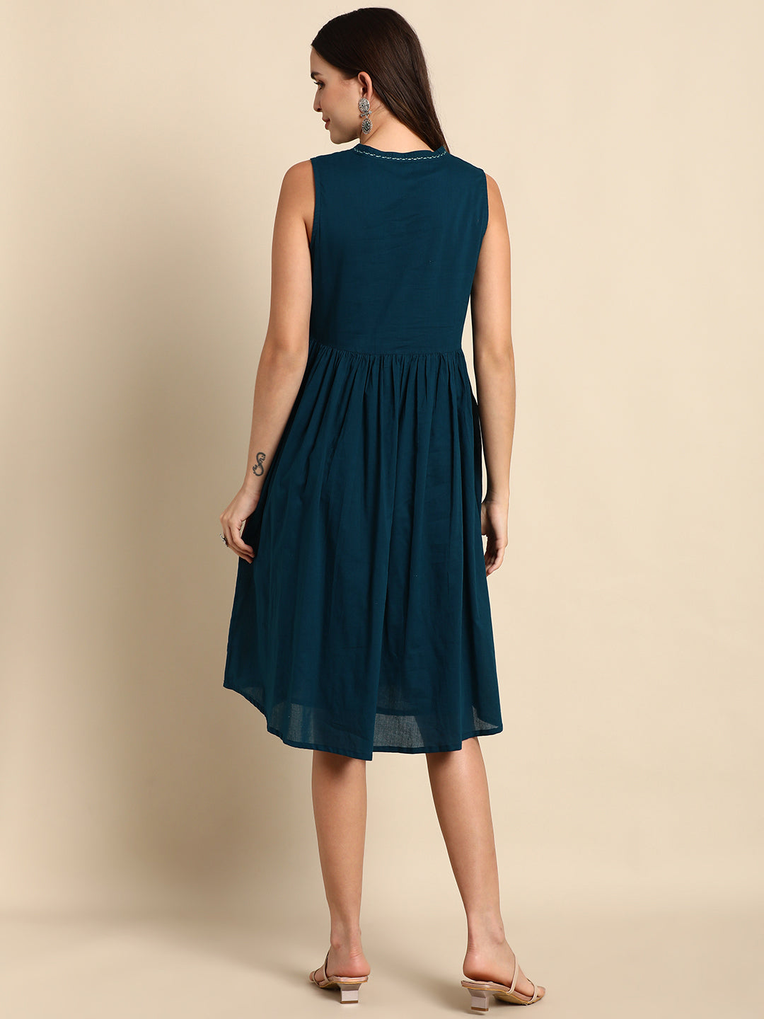 Teal Cotton Solid A-line Western Dress Janasya Gold