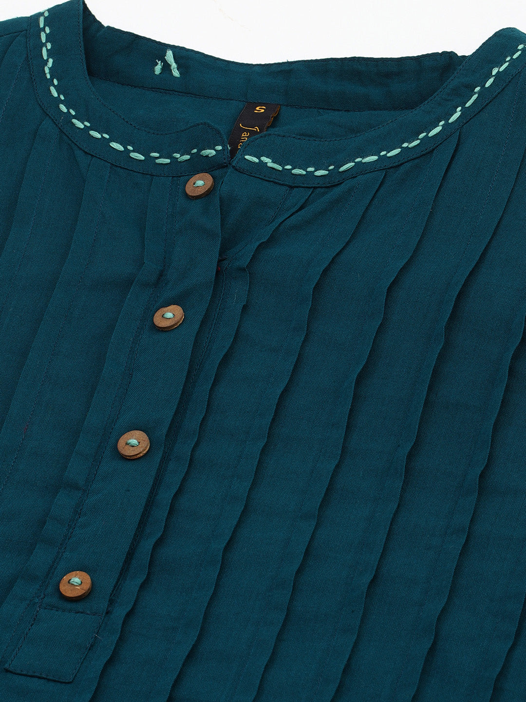 Teal Cotton Solid A-line Western Dress Janasya Gold