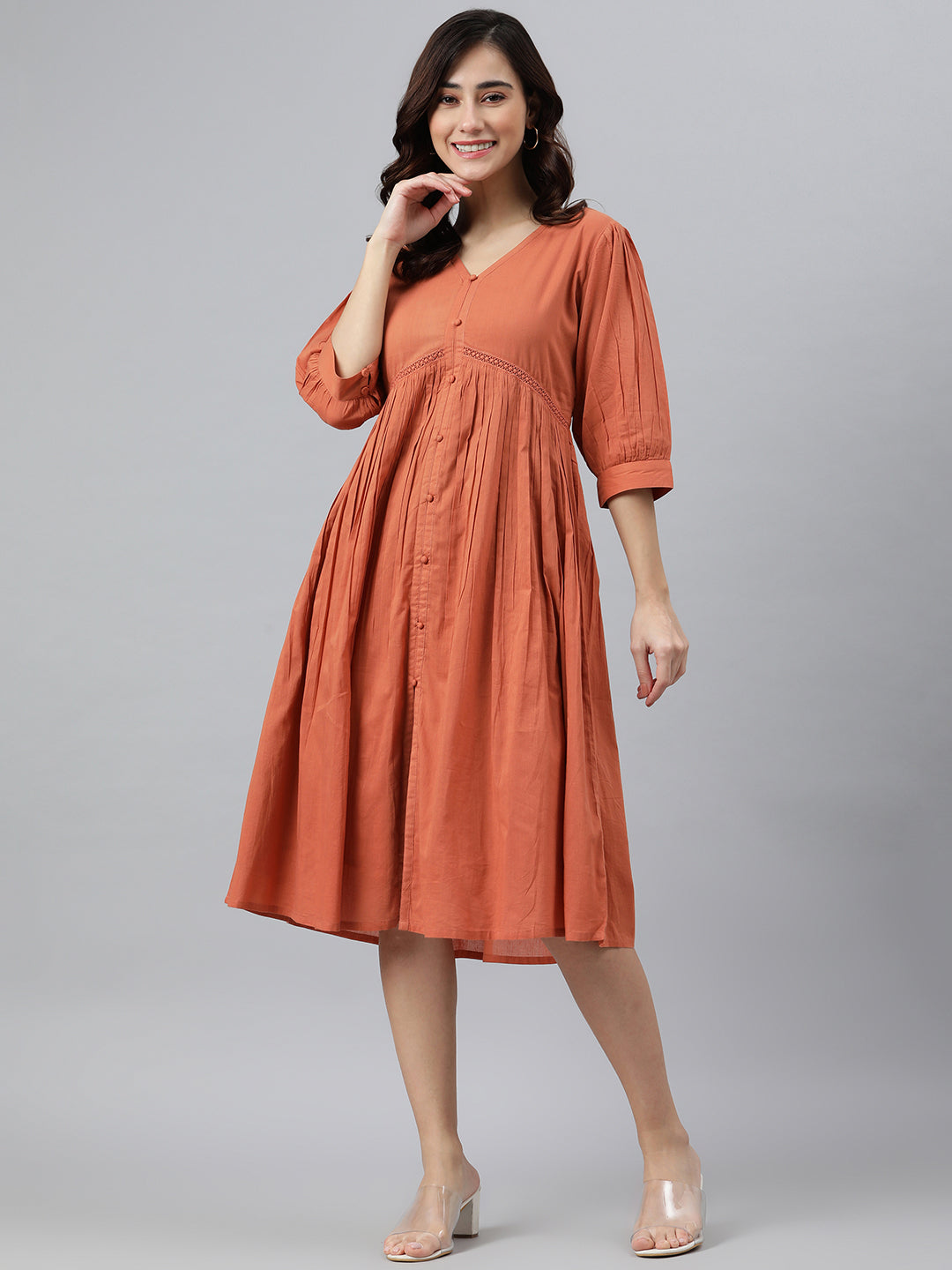Coral Orange Cotton Solid Flared Western Dress - Janasya Wholesale Threadbucket Studio LLP Coral Orange Cotton Solid Flared Western Dress - Janasya Wholesale Threadbucket Studio LLP