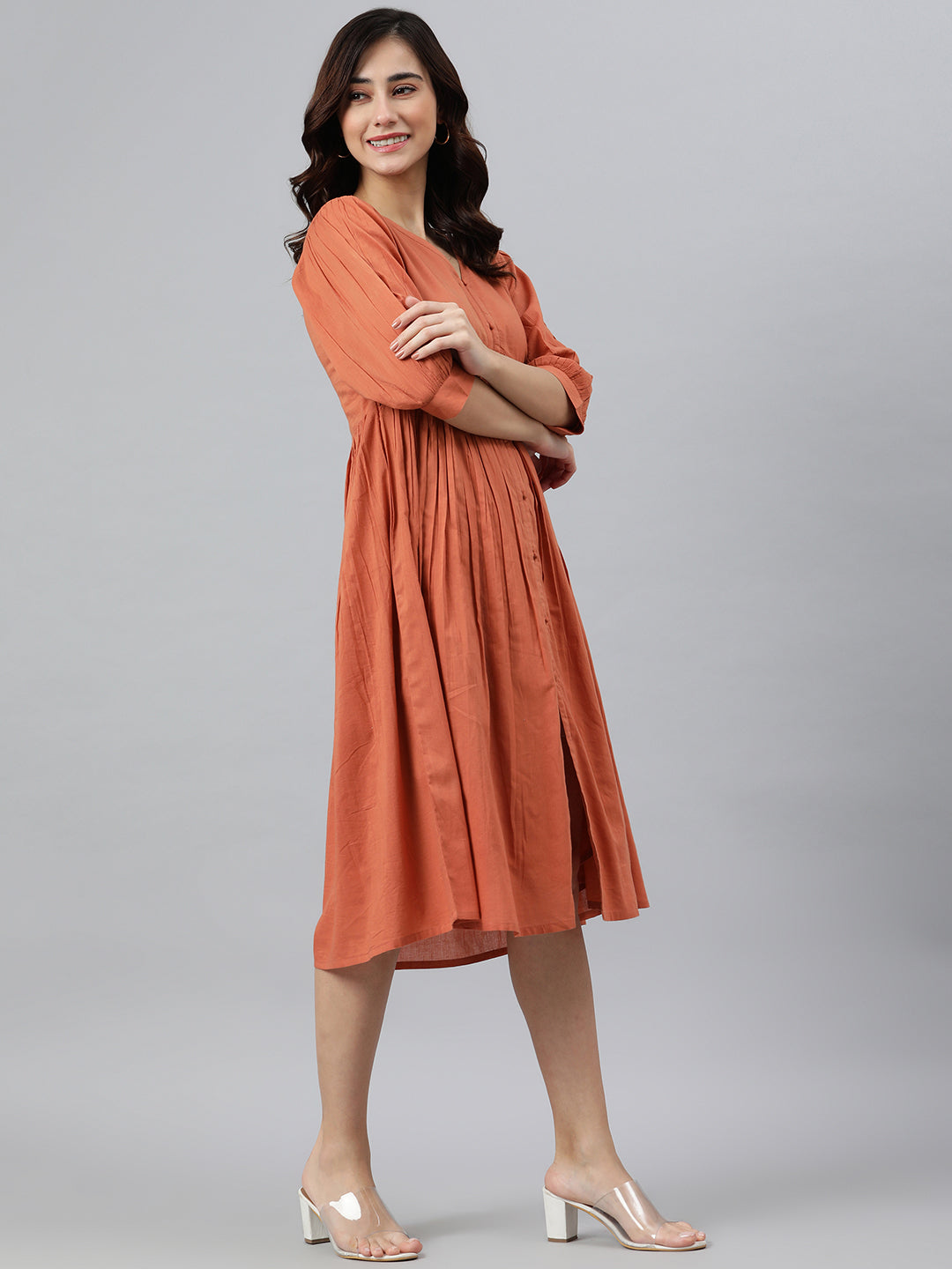 Coral Orange Cotton Solid Flared Western Dress Janasya Gold
