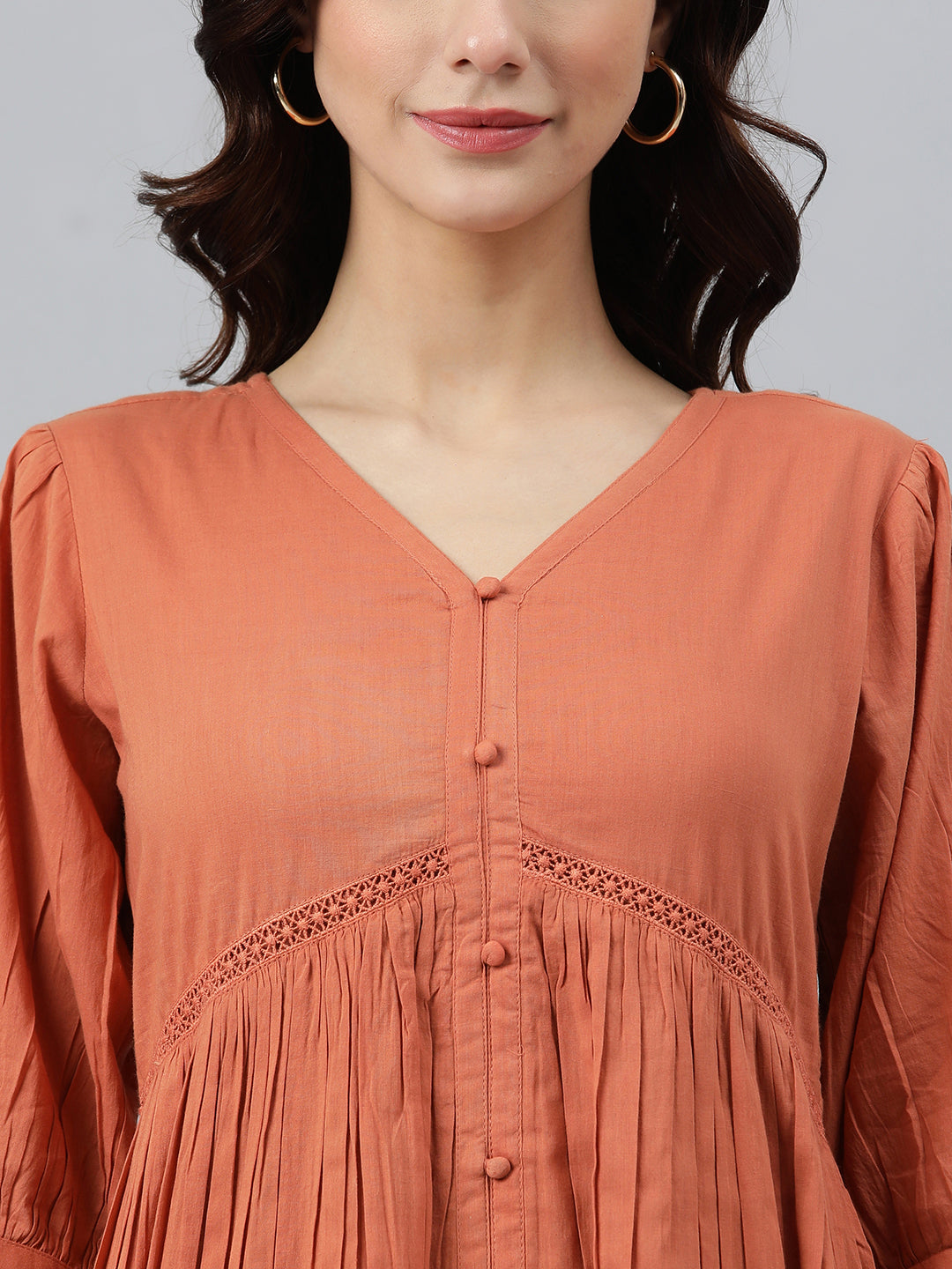 Coral Orange Cotton Solid Flared Western Dress Janasya Gold