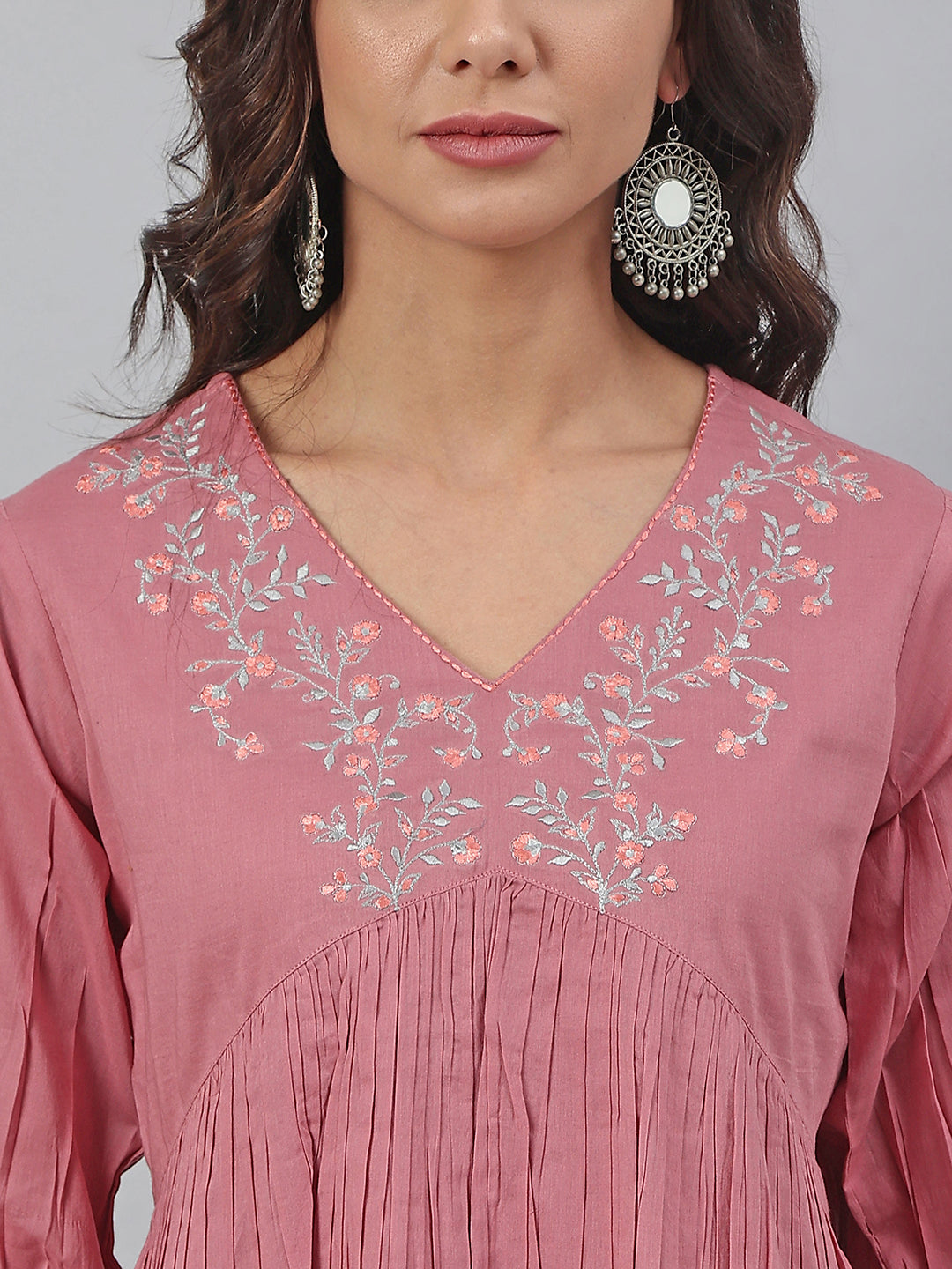 Pink Cotton Embroidered Fit and Flared Top