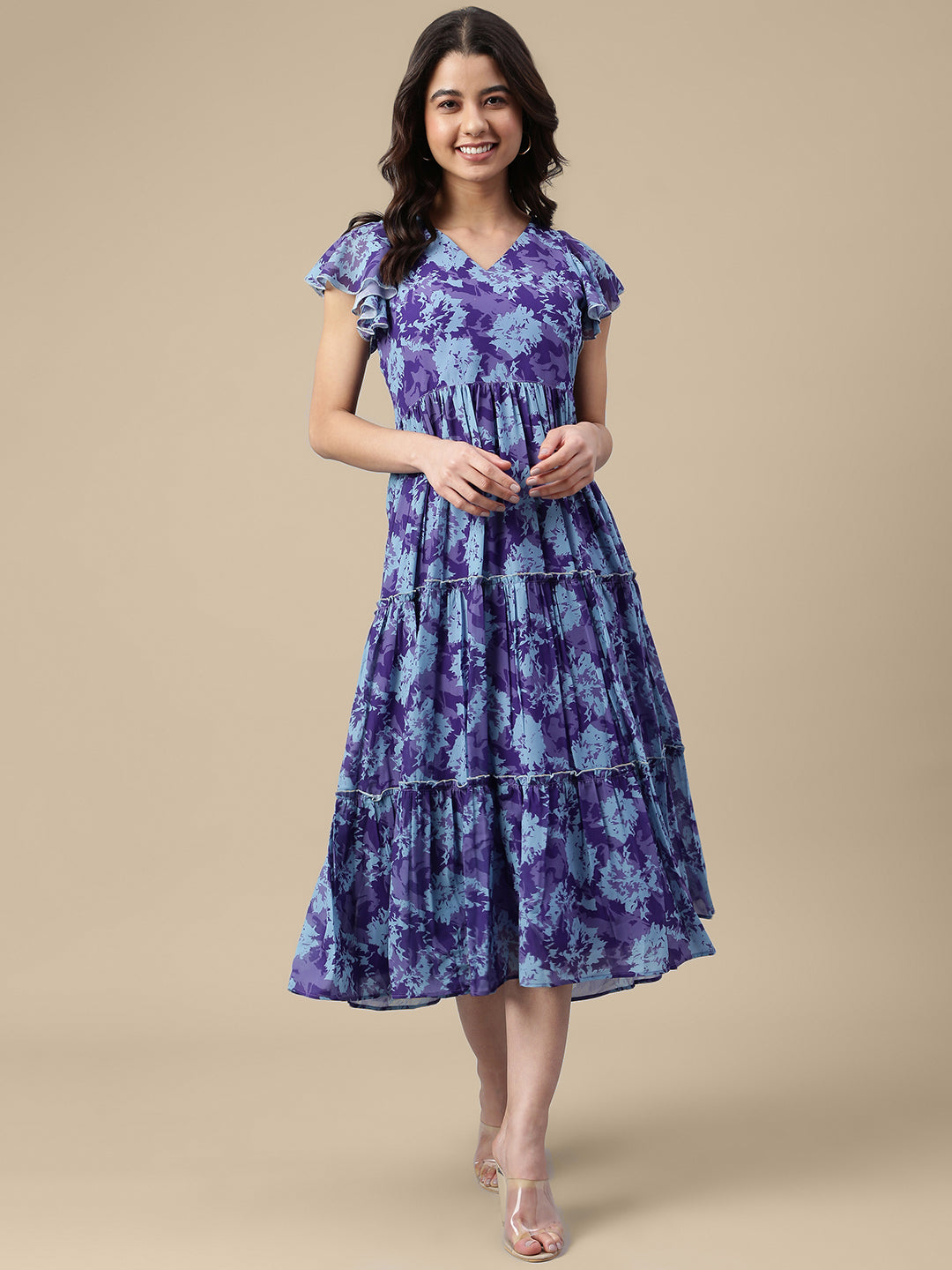Blue Georgette Printed Flared Western Dress Janasya