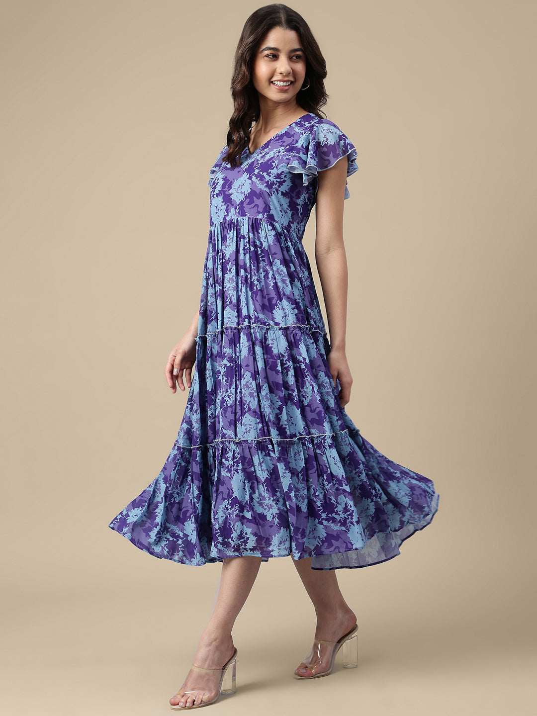 Blue Georgette Printed Flared Western Dress Janasya