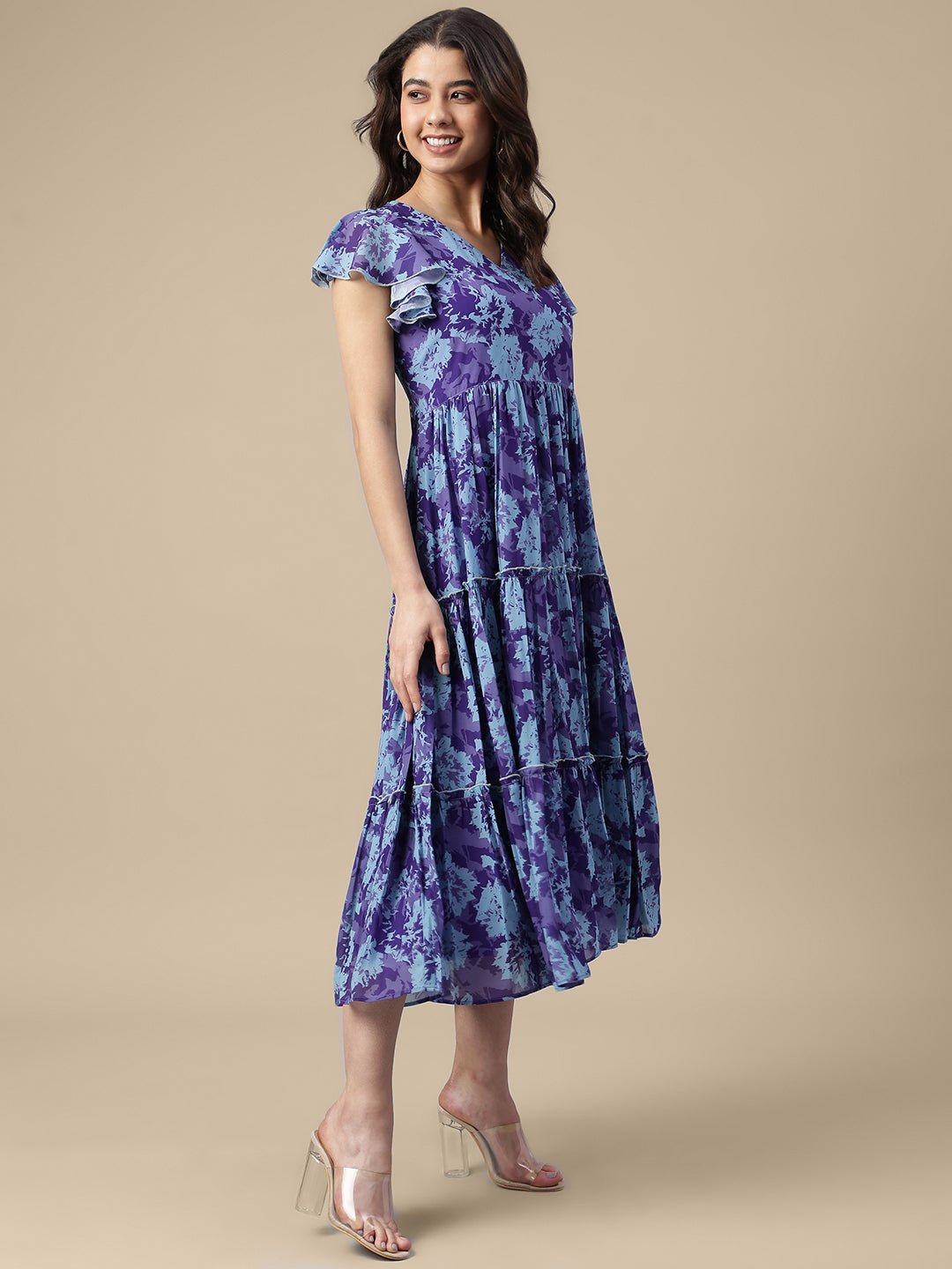 Blue Georgette Printed Flared Western Dress Janasya