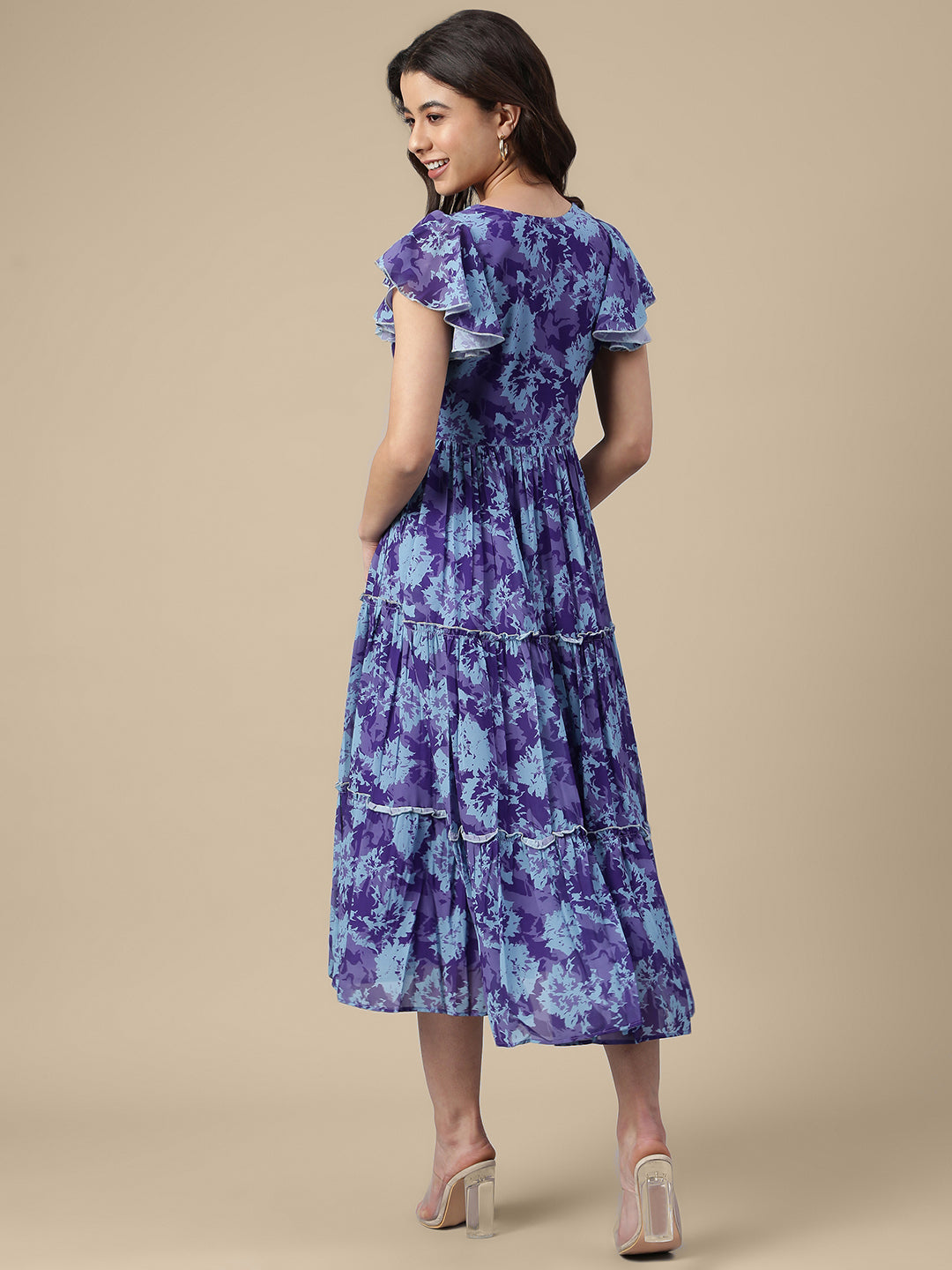Blue Georgette Printed Flared Western Dress Janasya