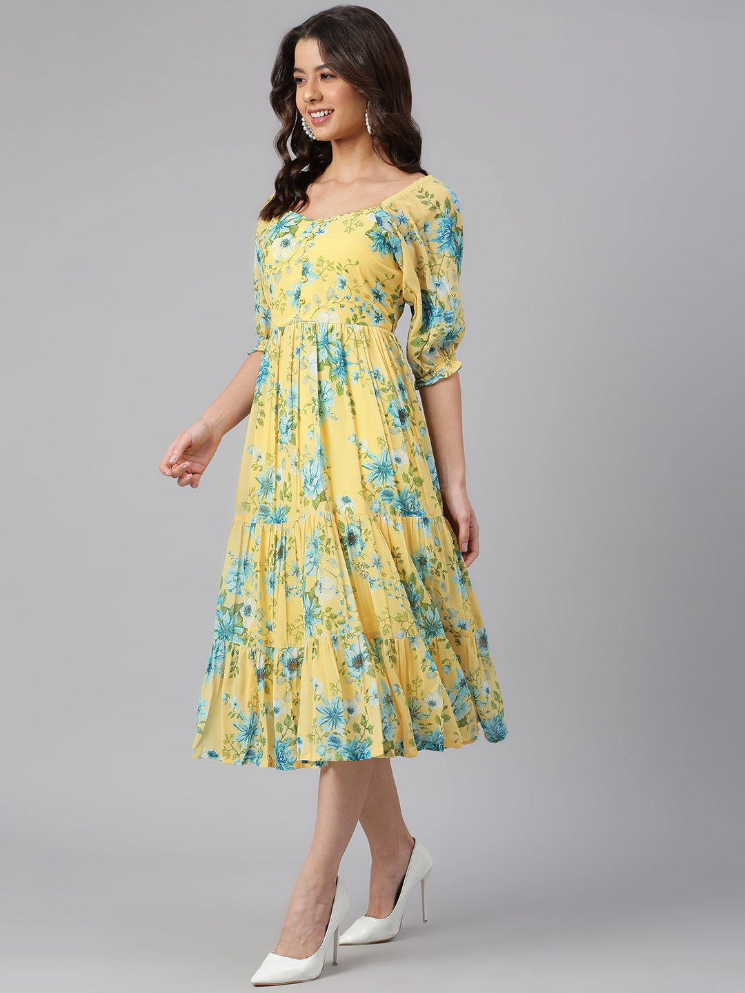 Yellow Georgette Floral Print Flared Western Dress Janasya Gold