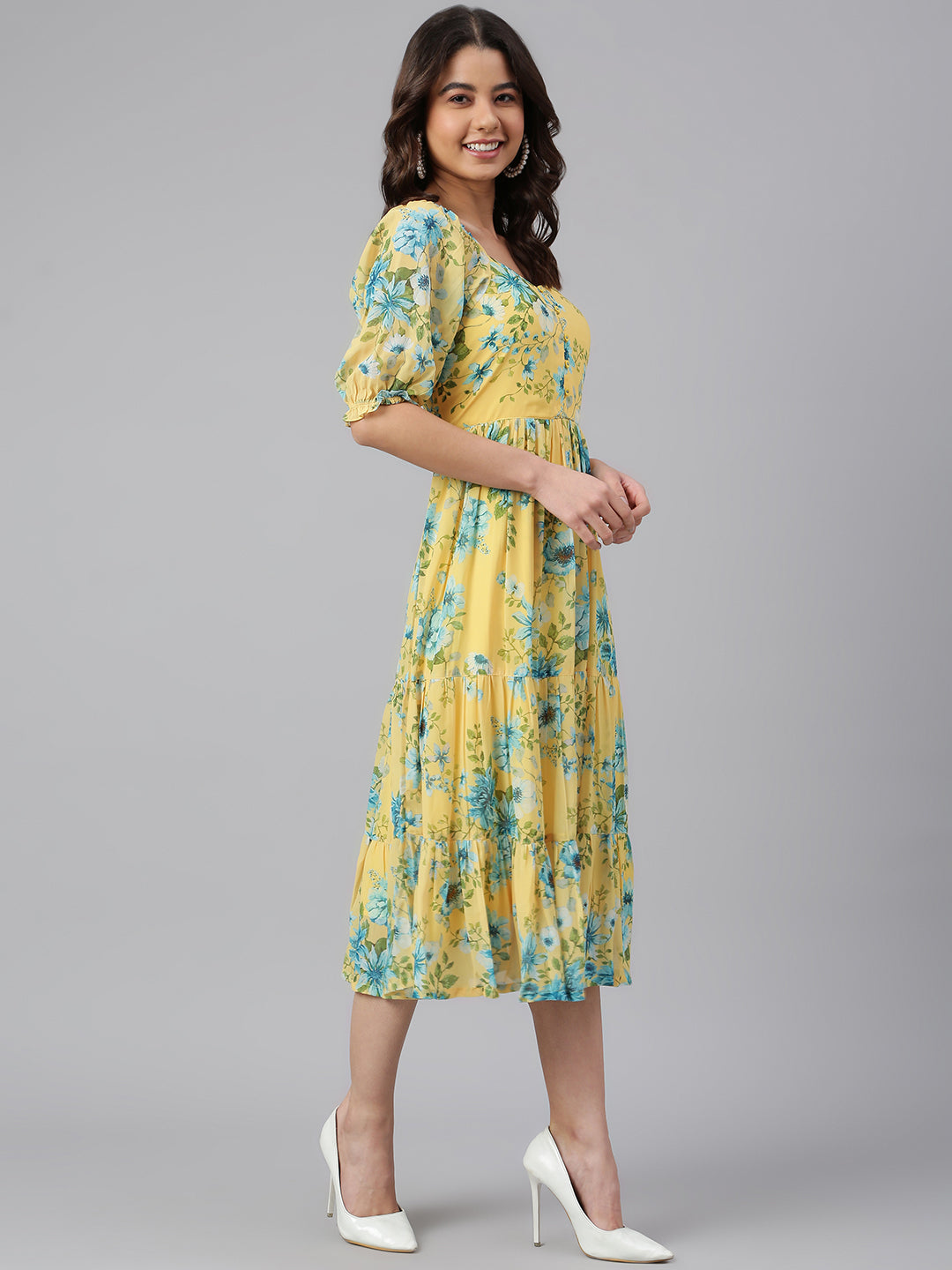 Yellow Georgette Floral Print Flared Western Dress Janasya Gold