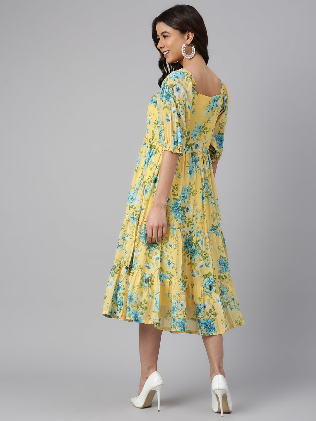 Yellow Georgette Floral Print Flared Western Dress Janasya Gold