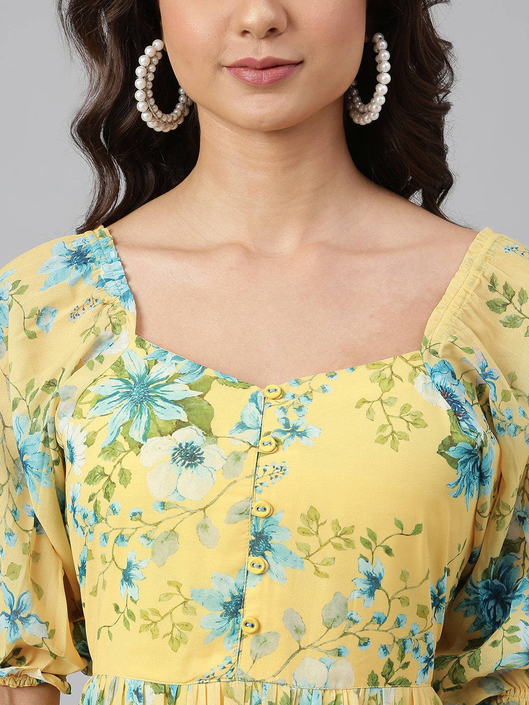 Yellow Georgette Floral Print Flared Western Dress Janasya Gold
