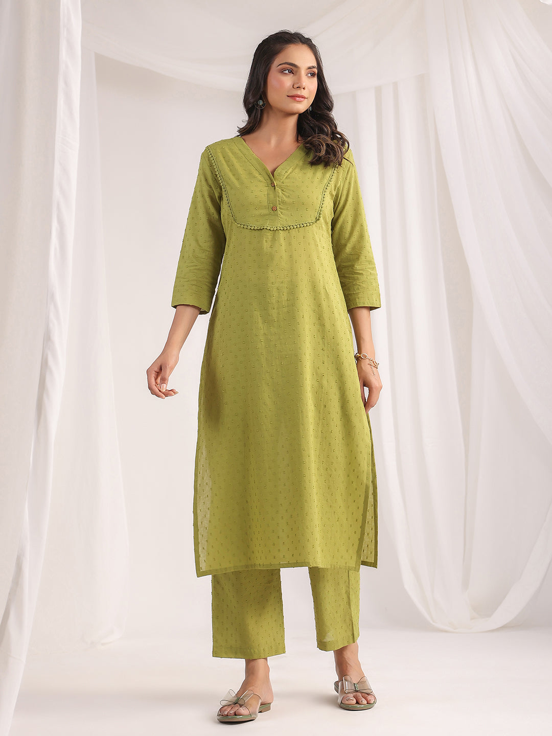 Green Dobby Cotton Self Design Regualr Co-ord Set