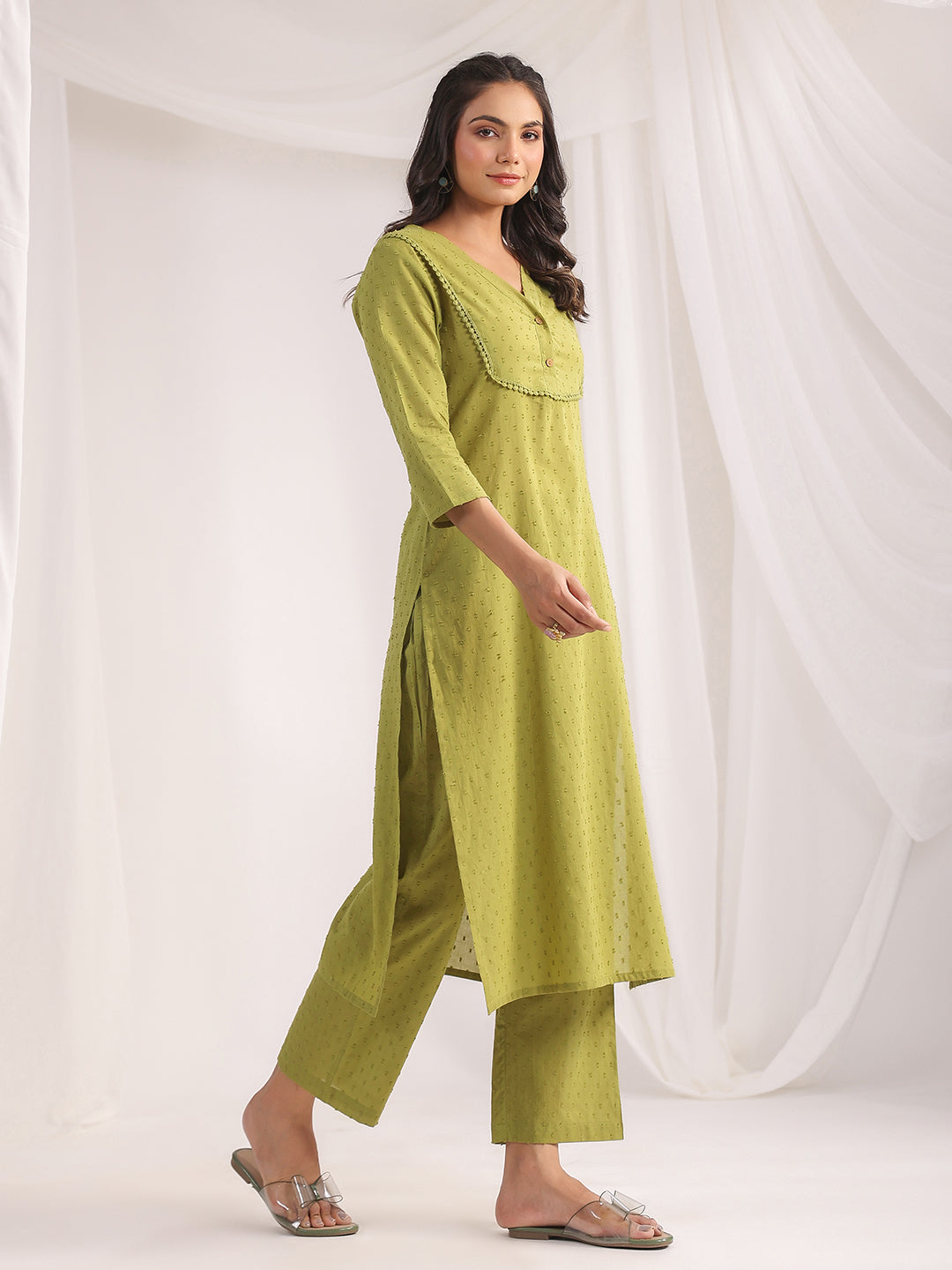 Green Dobby Cotton Self Design Regualr Co-ord Set