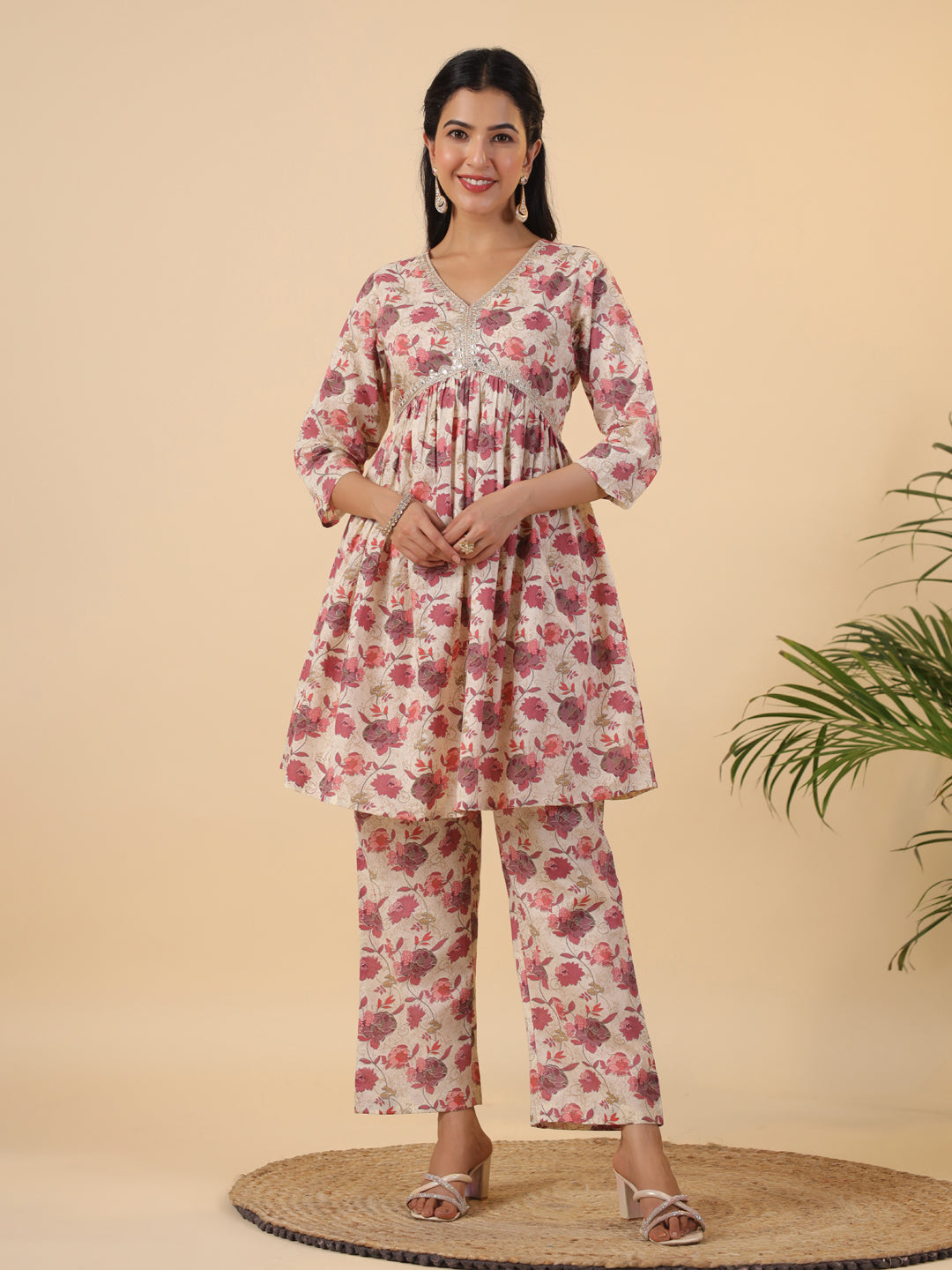 Beige Cotton Floral Gathered Co-Ord Set