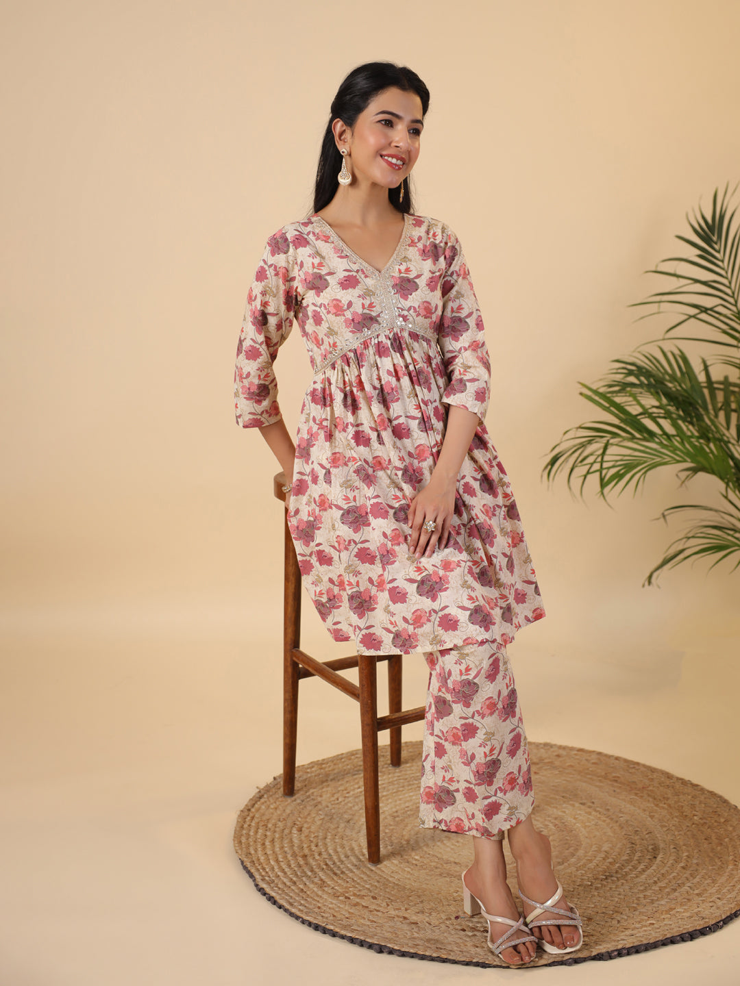Beige Cotton Floral Gathered Co-Ord Set