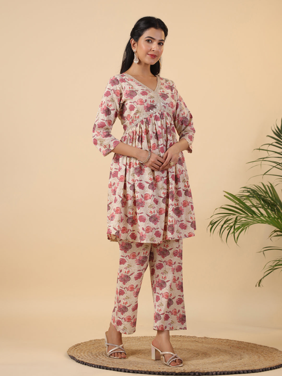 Beige Cotton Floral Gathered Co-Ord Set