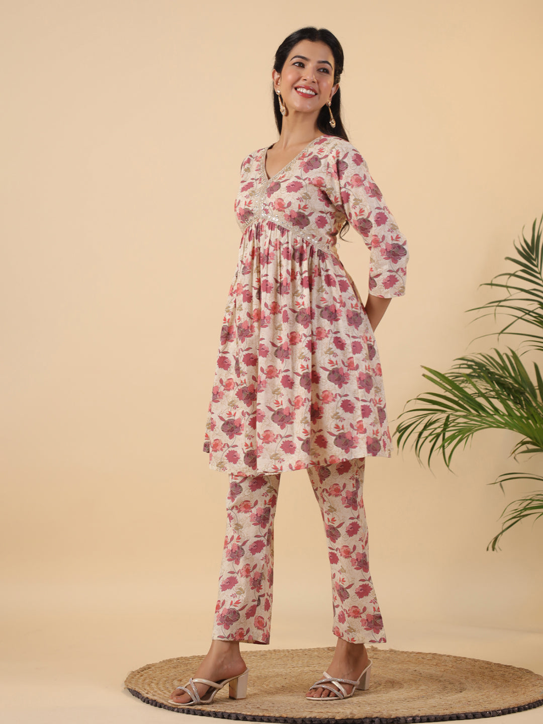 Beige Cotton Floral Gathered Co-Ord Set