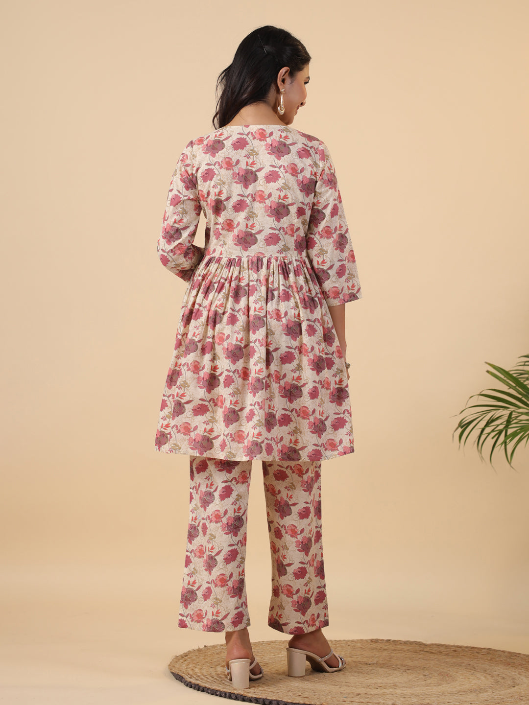 Beige Cotton Floral Gathered Co-Ord Set