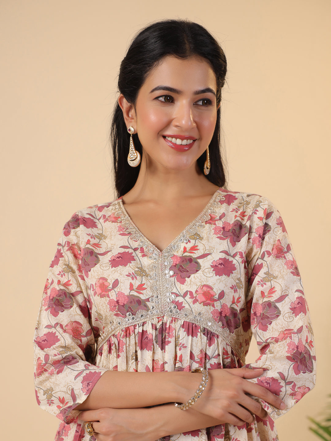 Beige Cotton Floral Gathered Co-Ord Set