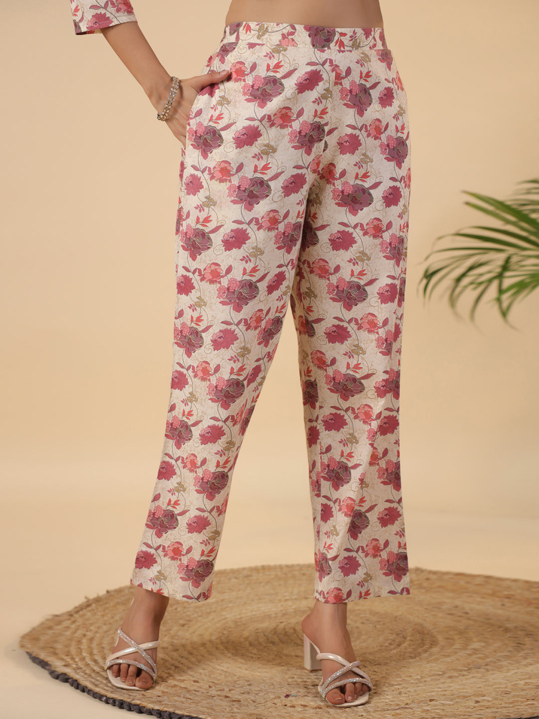 Beige Cotton Floral Gathered Co-Ord Set