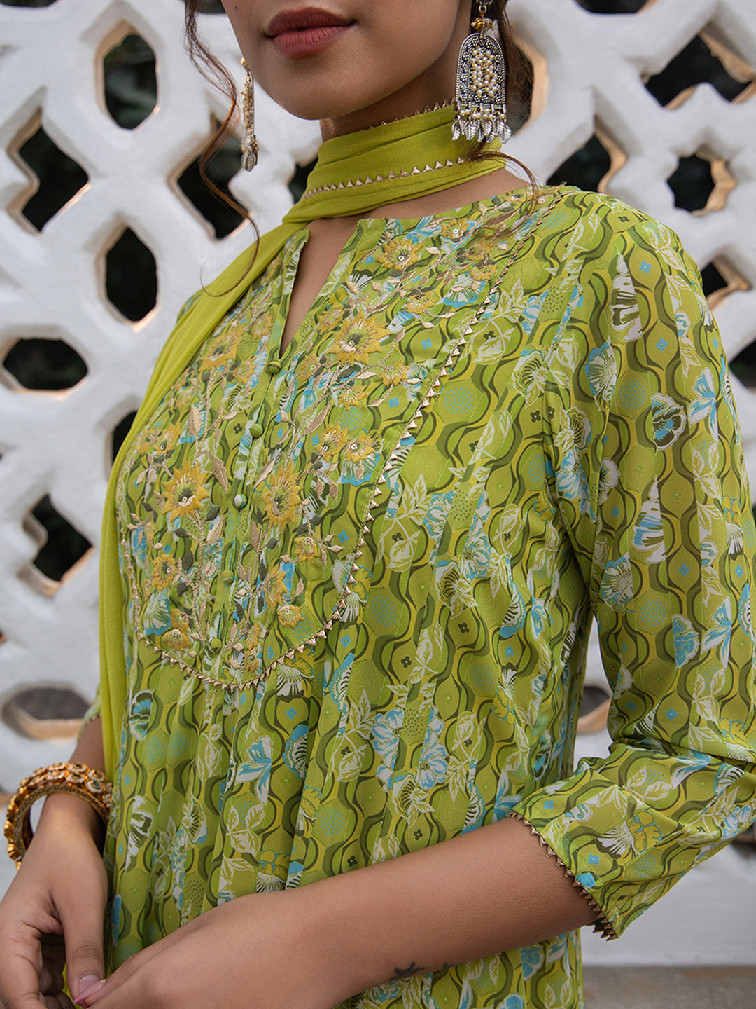 Lime Green Georgette Yoke Embroidery Anarkali Kurta Set