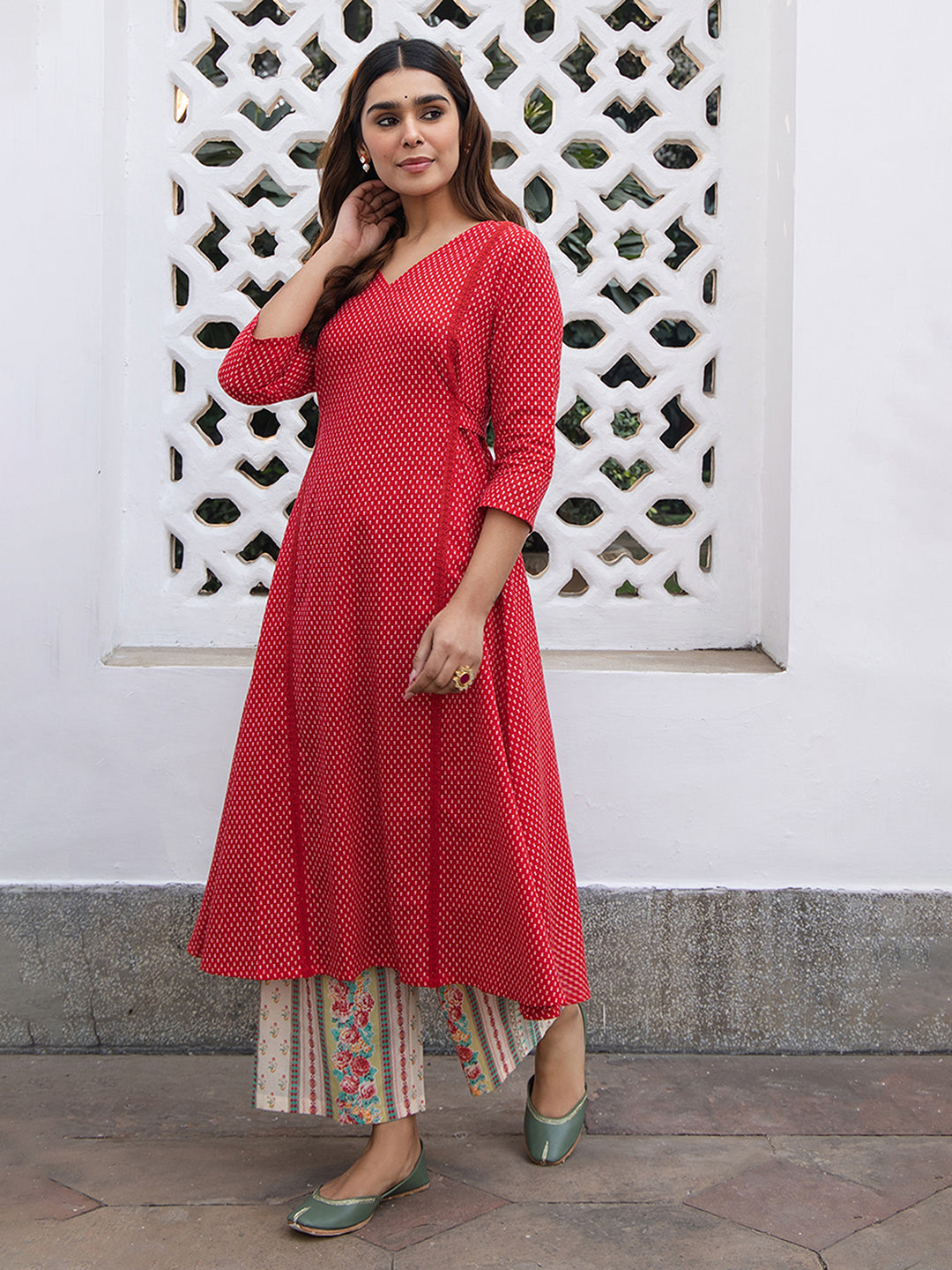 Red Cotton Ethnic Motifs A-Line Kurta Set