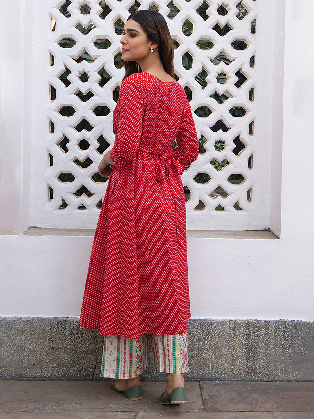 Red Cotton Ethnic Motifs A-Line Kurta Set