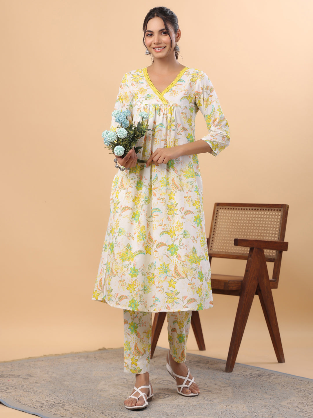 White Cotton Printed A-Line Kurta Set